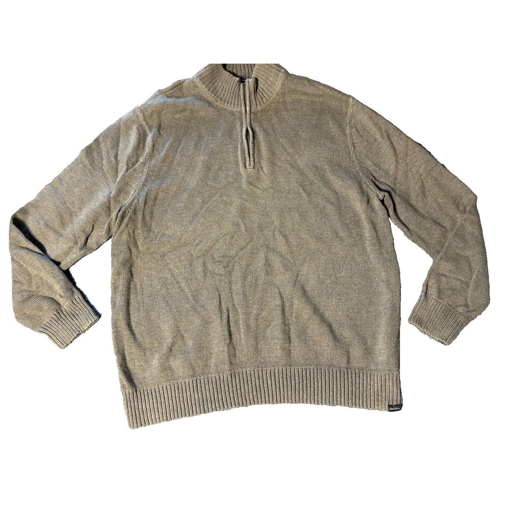 Eddie Bauer Sweater Mens 2 XL Green Cotton Knit Long Sleeve 1/4 Zip Pull Over - Picture 1 of 6